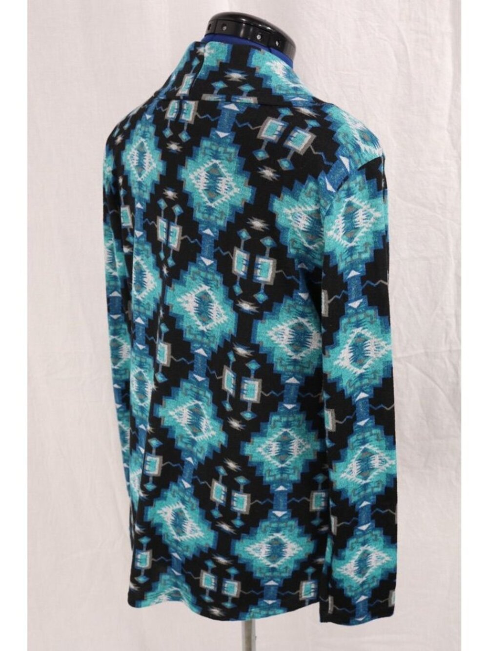 Aztec Southwestern Top Womens 1X Teal Black Cowl Neck Hoodie Kangaroo Pocket VTG - Picture 8 of 12